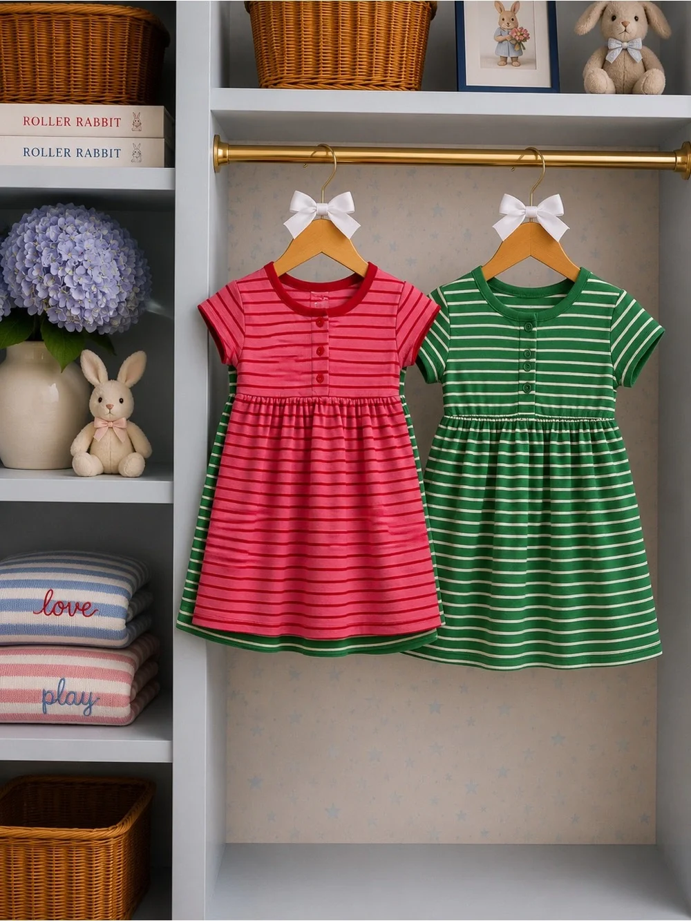Hanna Andersson Girls' Pink and Green Striped Short-Sleeve Cotton Dress Duo